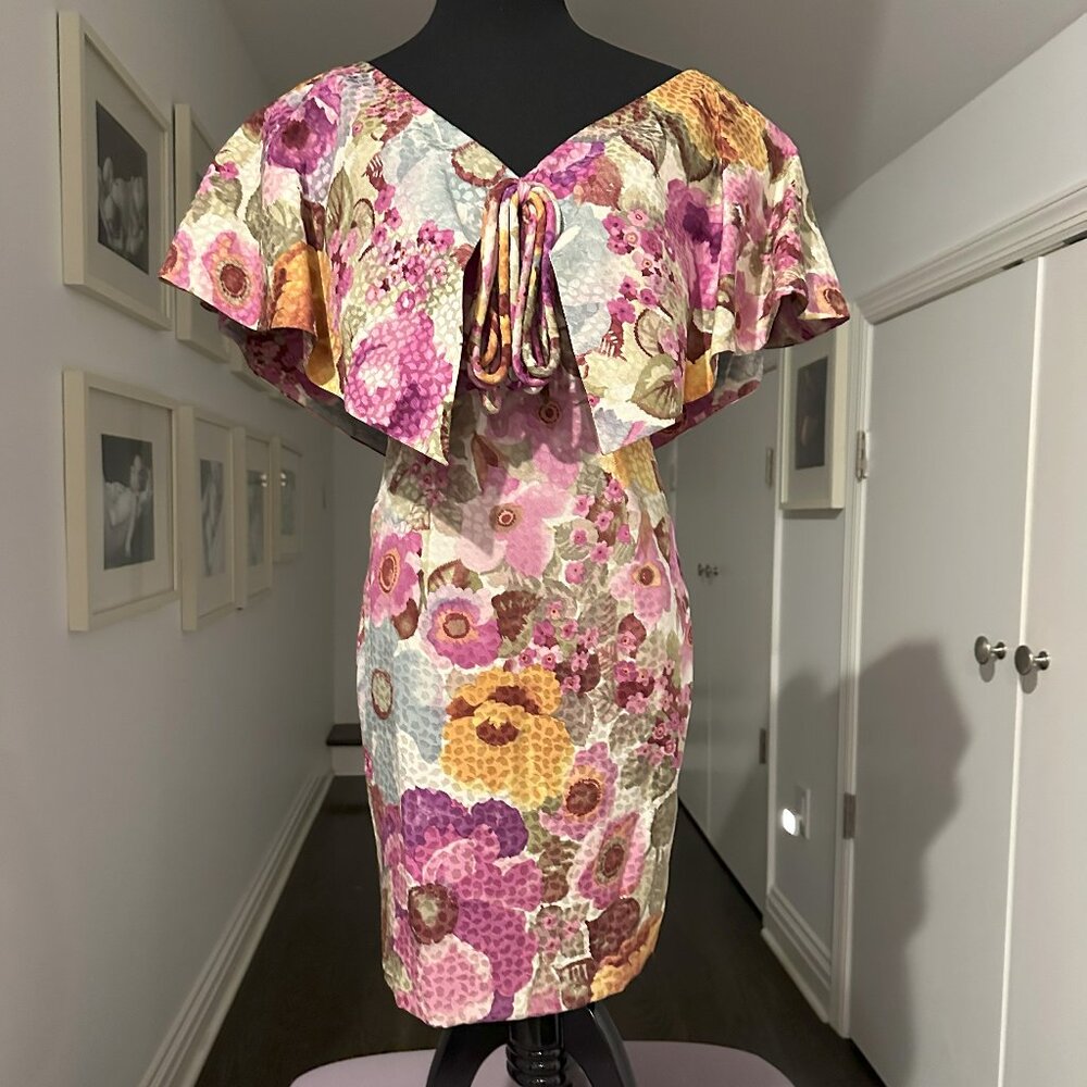 Couture Silk Floral Cocktail Dress – Off-Shoulder Elegance - XS - Excellent Cond